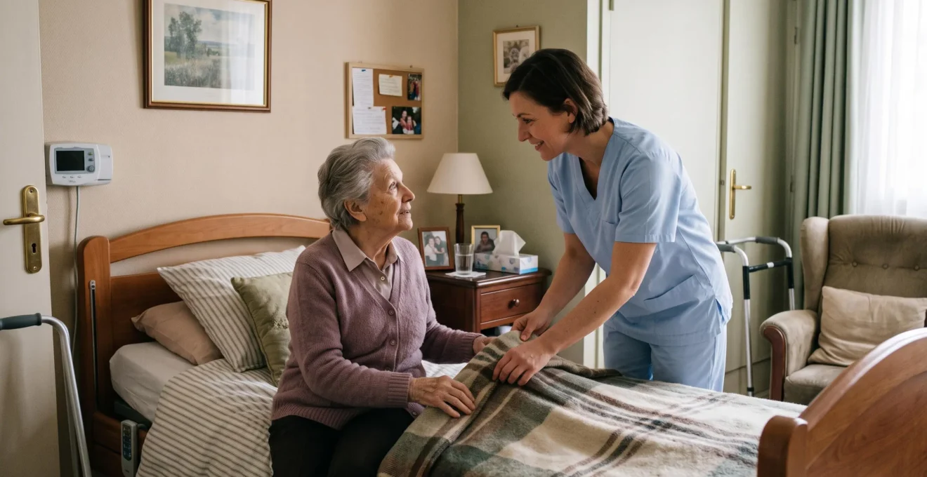 Une soignante accompagnant une résidente âgée assise au bord de son lit dans une chambre médicalisée d'un EHPAD