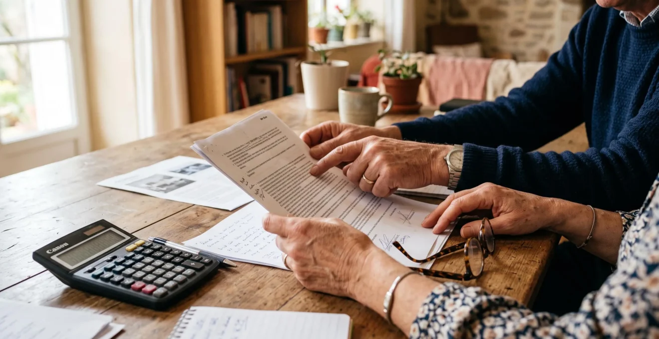 Gros plan sur les mains d'un couple examinant un contrat d'investissement immobilier posé sur une table en bois avec une calculatrice