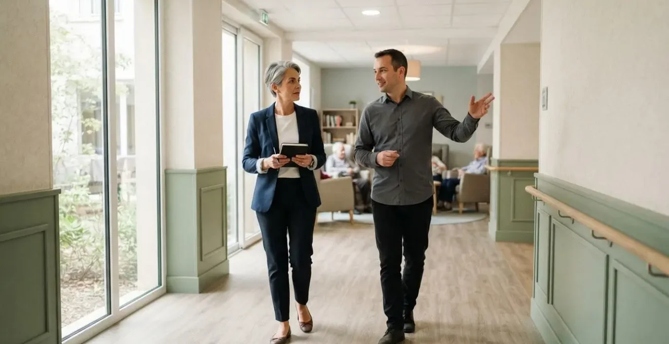 Une investisseuse visitant la corridor d'une résidence services seniors accompagnée de la responsable de l'établissement