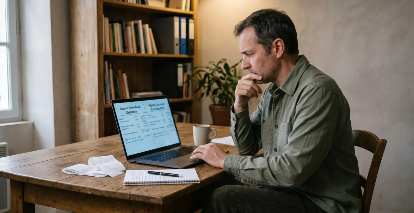 Un entrepreneur analyse deux options de calcul fiscal sur un ordinateur portable pour choisir le régime d'imposition le plus adapté.