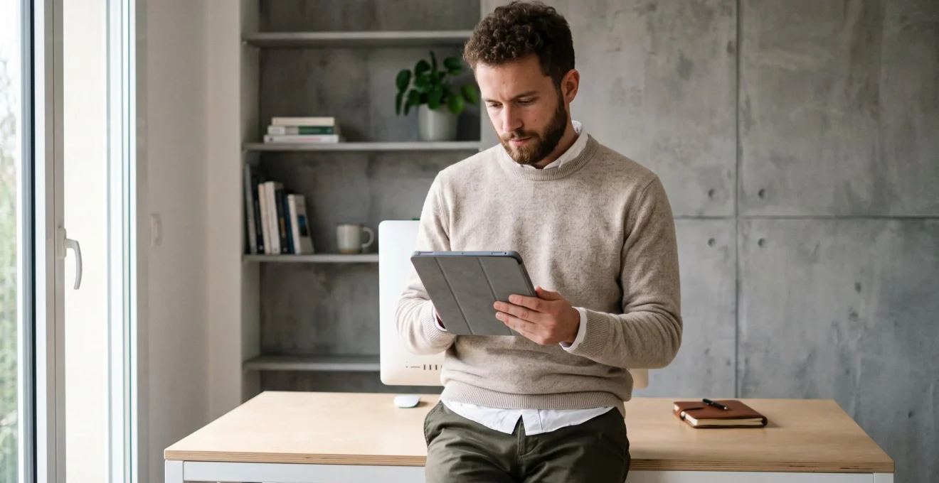 Un micro-entrepreneur examine des données financières sur une tablette dans un bureau moderne, illustrant la préparation des déclarations fiscales.