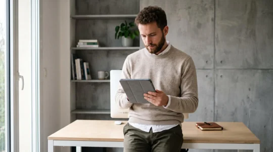 Un micro-entrepreneur examine des données financières sur une tablette dans un bureau moderne, illustrant la préparation des déclarations fiscales.